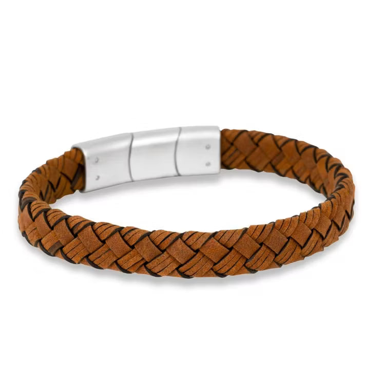 Brunt læderarmbånd med stål - 8466