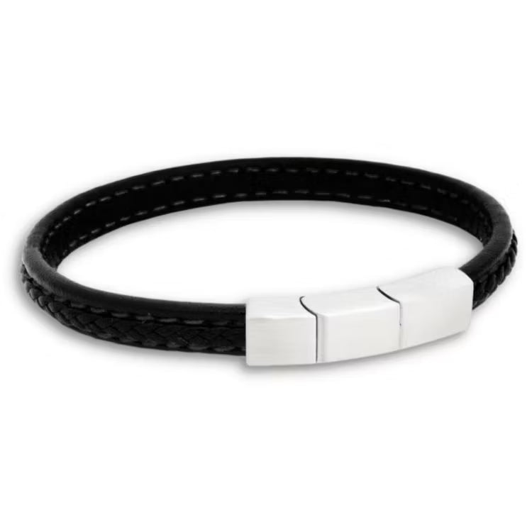 Sort læder armbånd med stål - 8119