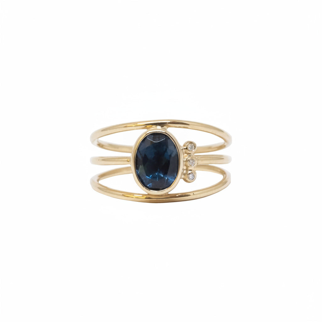 Athena guld ring med london blue topas og diamanter