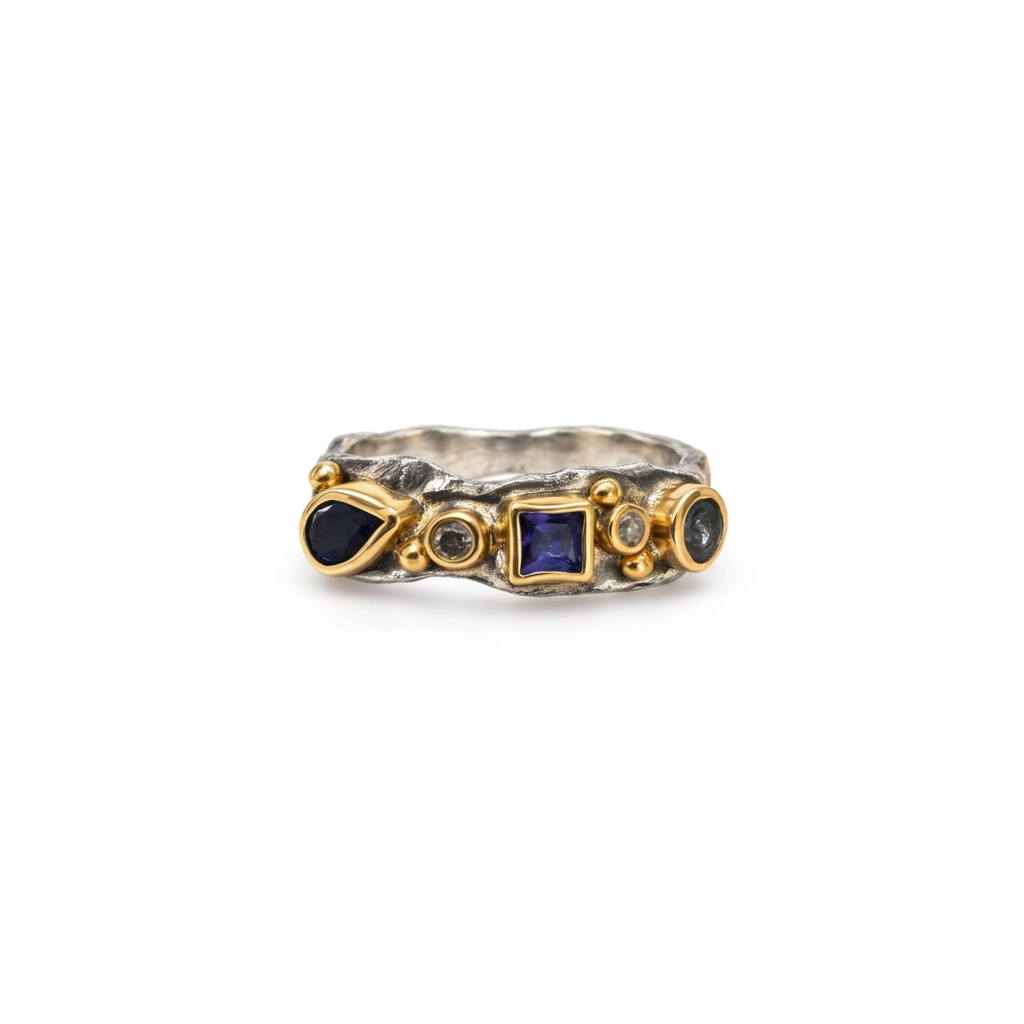 Athena sølv ring m. tanzanit, akvamarin og london blue topaz - R51-B